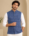 Men's Blue Checked Nehru Jacket | Mandarin Collar Ethnic Waistcoat | Party & Festive Wear