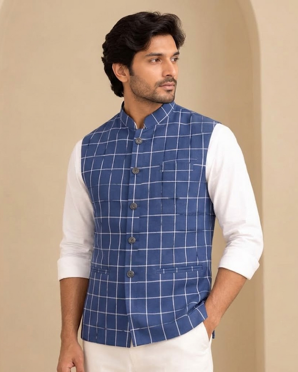 Men's Blue Checked Nehru Jacket | Mandarin Collar Ethnic Waistcoat | Party & Festive Wear