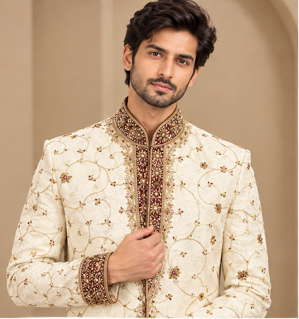 Ivory Sherwani with Maroon & Gold Embroidered Collar and Placket