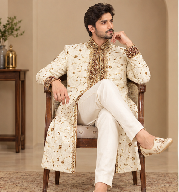 Ivory Sherwani with Maroon & Gold Embroidered Collar and Placket