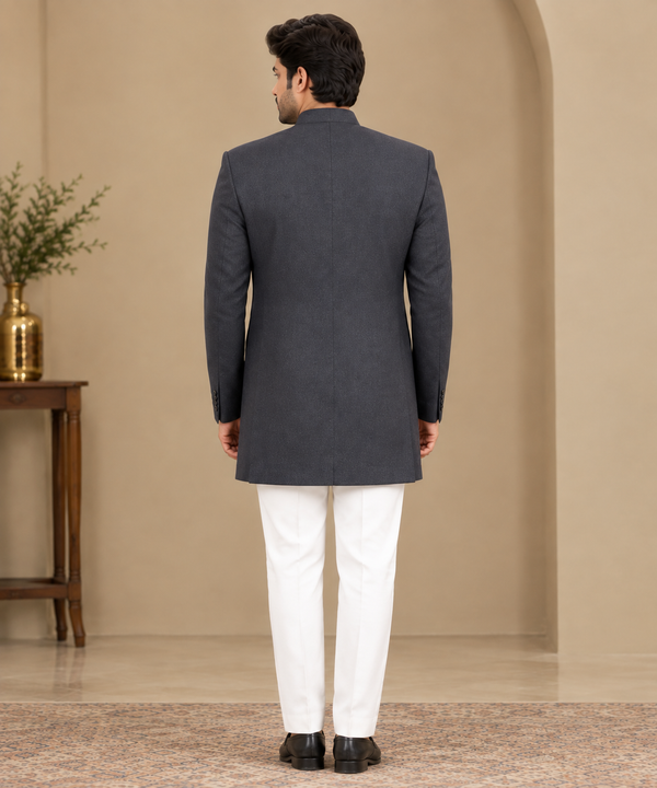 Charcoal Grey Bandhgala Blazer with White Trousers