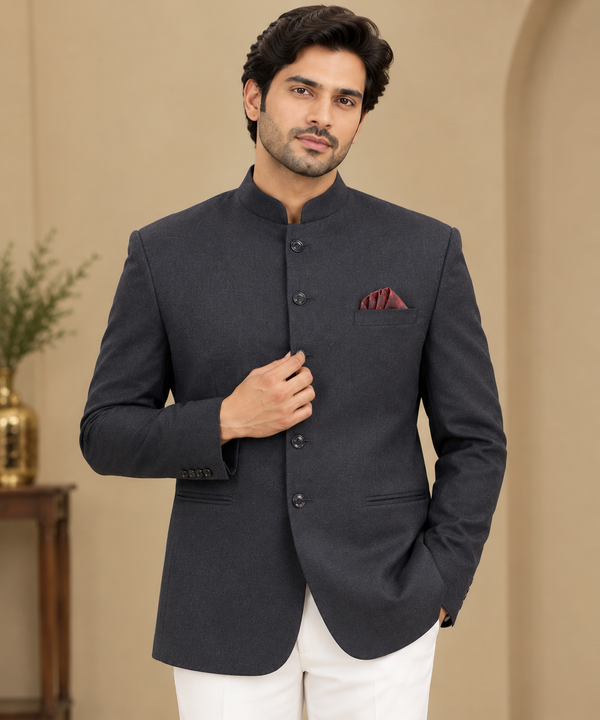 Charcoal Grey Bandhgala Blazer with White Trousers
