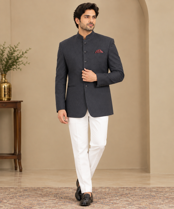 Charcoal Grey Bandhgala Blazer with White Trousers