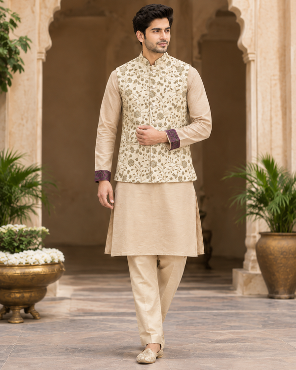 Men Self-Design Kurta, Trouser Pyjama and Waistcoat/Nehru Jacket Ethnic Set