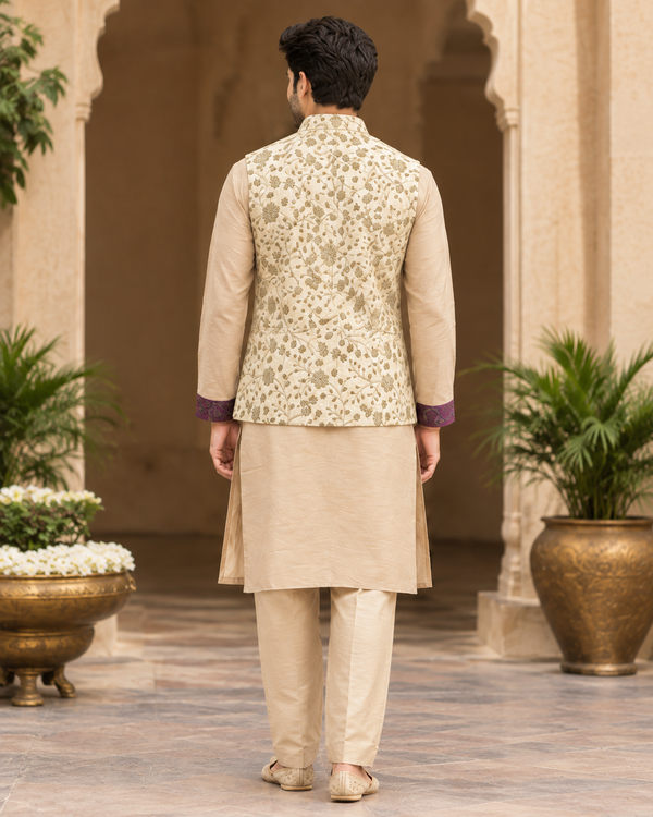 Men Self-Design Kurta, Trouser Pyjama and Waistcoat/Nehru Jacket Ethnic Set
