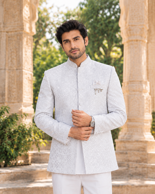 Men’s Premium White Printed Bandhgala