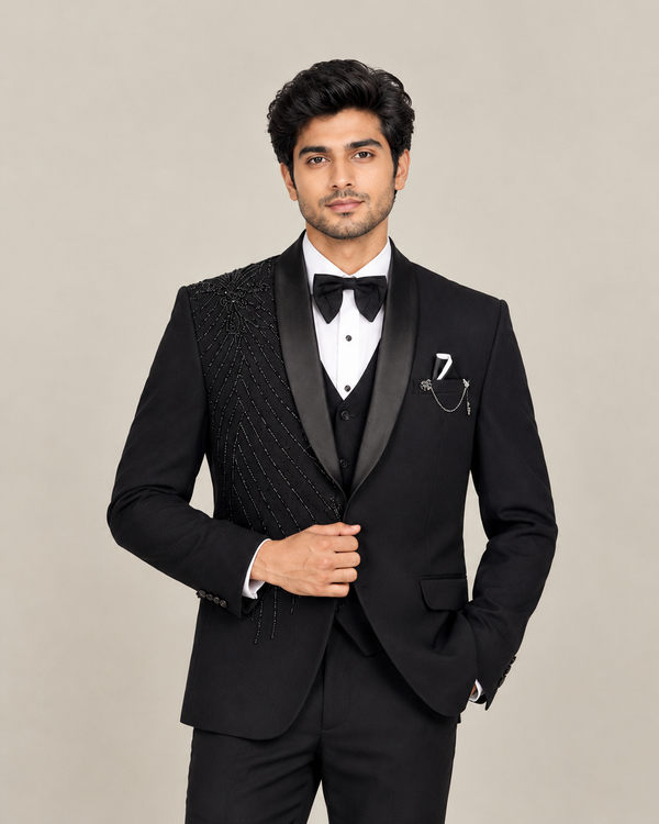 Black Beaded Tuxedo 5-Piece Suit Set for Men | House of SN