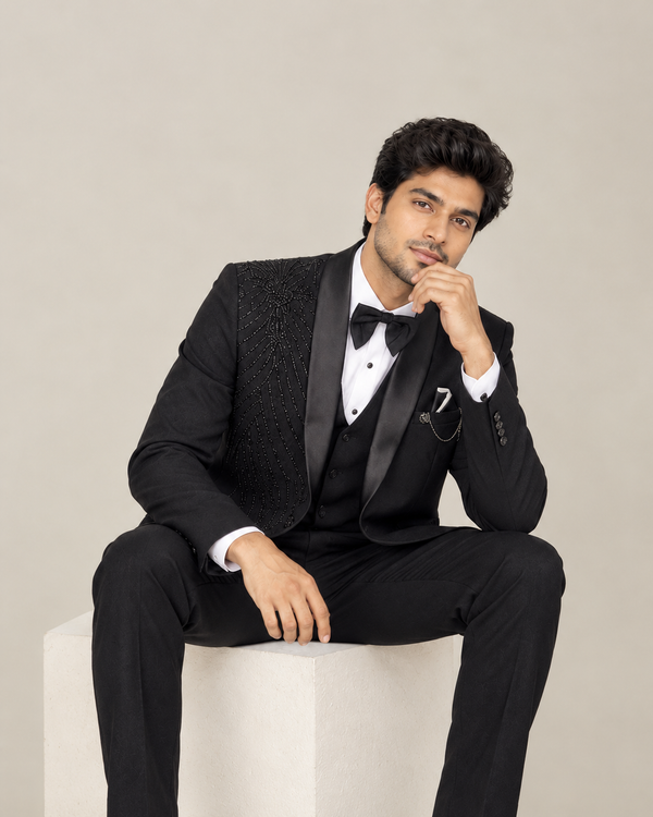 Black Beaded Tuxedo 5-Piece Suit Set for Men | House of SN