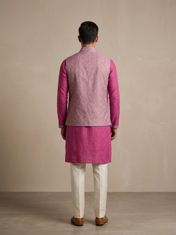 Pink Kurta with Embroidered Modi Jacket Set