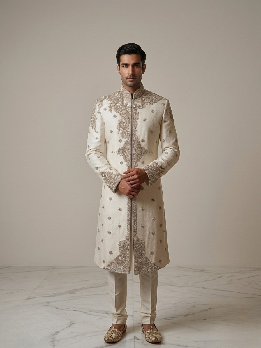 Ivory Embroidered Sherwani Set