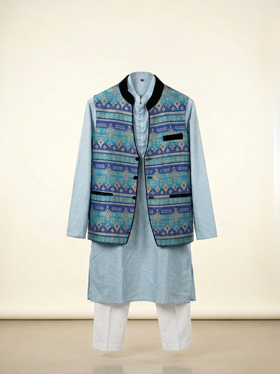 Sky Blue Kurta with Printed Modi Jacket Set