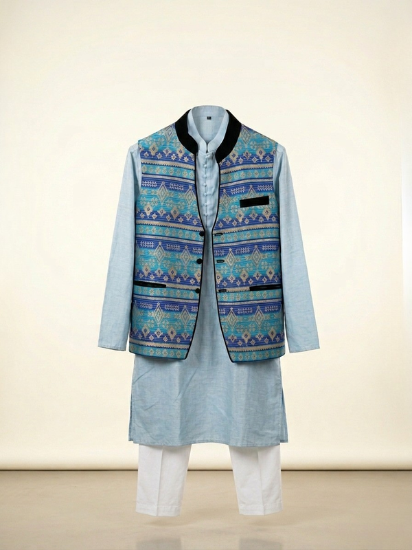 Sky Blue Kurta with Printed Modi Jacket Set