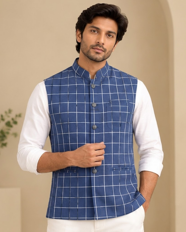 Men's Blue Checked Nehru Jacket | Mandarin Collar Ethnic Waistcoat | Party & Festive Wear