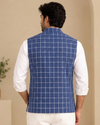 Men's Blue Checked Nehru Jacket | Mandarin Collar Ethnic Waistcoat | Party & Festive Wear