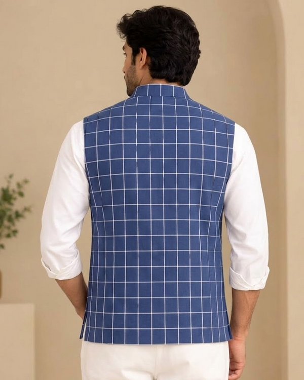 Men's Blue Checked Nehru Jacket | Mandarin Collar Ethnic Waistcoat | Party & Festive Wear
