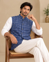 Men's Blue Checked Nehru Jacket | Mandarin Collar Ethnic Waistcoat | Party & Festive Wear