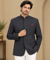 Charcoal Grey Bandhgala Blazer with White Trousers