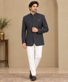 Charcoal Grey Bandhgala Blazer with White Trousers