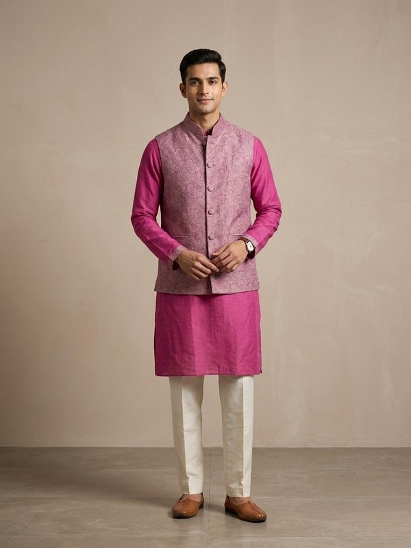 Pink Kurta with Embroidered Modi Jacket Set