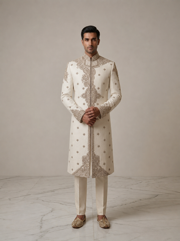 Ivory Embroidered Sherwani Set