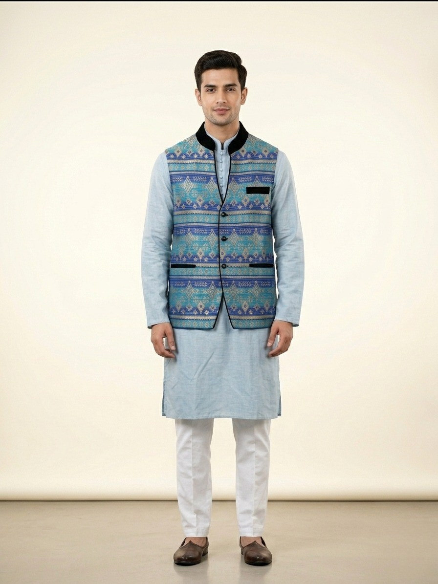 Sky Blue Kurta with Printed Modi Jacket Set