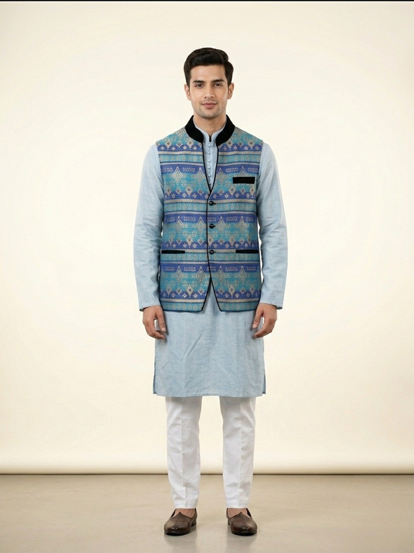 Sky Blue Kurta with Printed Modi Jacket Set