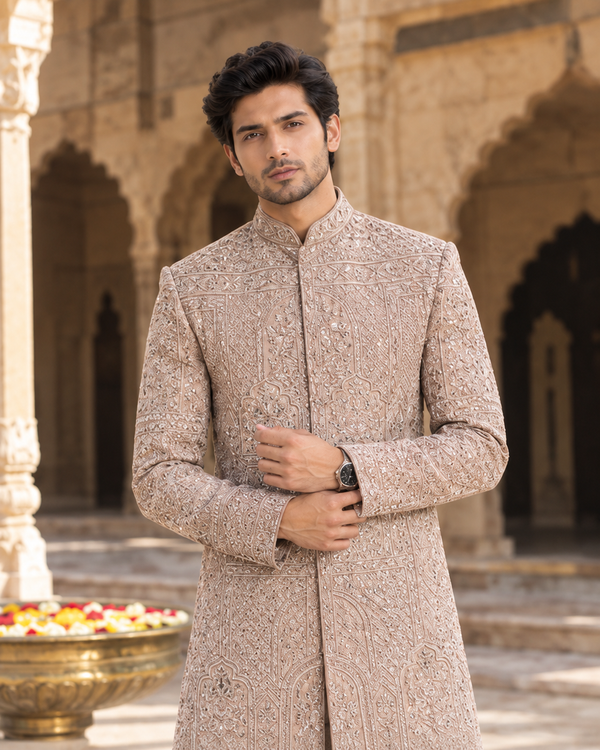 Men's Beige Premium Embroidered Sherwani