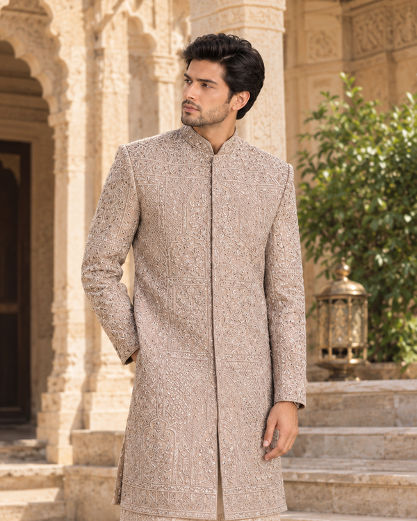 Men's Beige Premium Embroidered Sherwani