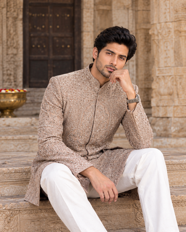 Men's Beige Premium Embroidered Sherwani